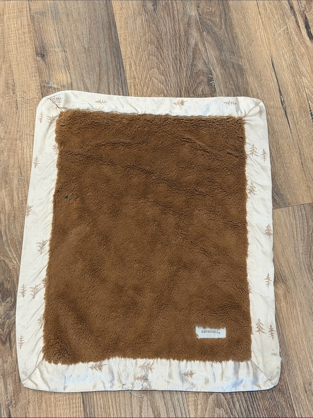 Saranoni Lovey Baby Blanket Brown Faux Minky Fur & Beige Sateen w/ Trees design